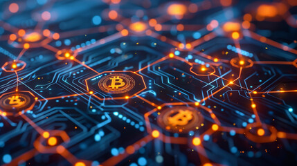 A high-tech digital circuit board featuring glowing Bitcoin symbols and interconnected nodes, illustrating blockchain technology and cryptocurrency networks.