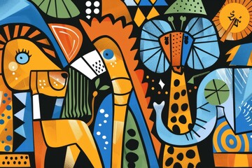 Obraz premium Cartoon cute doodles of a cubist-style animal parade, with elephants, lions, and giraffes depicted in abstract forms, Generative AI