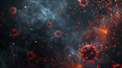 Colorful digital illustration of virus particles, with half the image showing red viruses and the other half blue background with floating particles