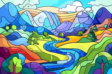 Cartoon cute doodles of a cubist-style landscape with fragmented mountains, trees, and a winding river, Generative AI
