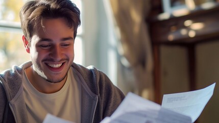 Fototapeta premium Happy man smiling while reading and writing documents at home. A happy young male sitting in front of a table with papers, having fun doing his paperwork. generative AI