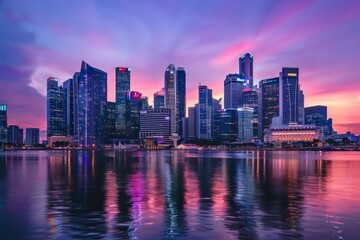 Naklejka premium A futuristic city skyline with skyscrapers reaching towards a vibrant purple sky at dusk, Generative AI 