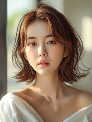 Naklejka premium Beautiful Korean Woman looking straight ahead. Asian young woman model front view.
