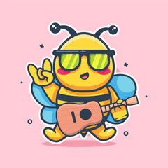 happy bee animal character mascot playing guitar isolated cartoon