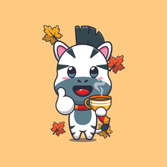 Cute zebra with coffee in autumn season