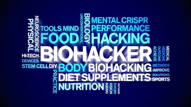 Biohacker animated word cloud;text design animation tag kinetic typography seamless loop.