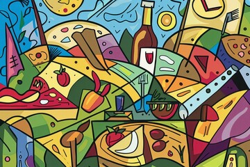 Fototapeta premium Cartoon cute doodles of a cubist-style picnic scene, with abstract food items and angular figures enjoying the outdoors, Generative AI