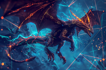 A fierce dragon with glowing neon accents, soaring through a dark blue background with intricate lines and nodes that represent a neural network.