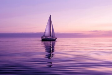 A lone sailboat drifting on calm waters, with the sails glowing in the light of the purple evening sky, Generative AI
