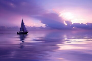 A lone sailboat drifting on calm waters, with the sails glowing in the light of the purple evening...