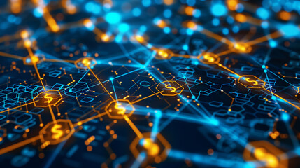 Obraz premium An abstract representation of a digital currency network, featuring interconnected nodes and dollar symbols in a glowing blue and orange theme.