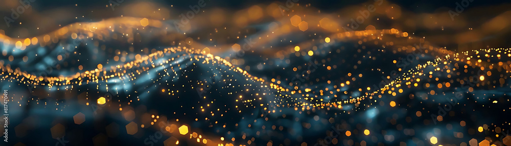Poster abstract futuristic technology background with glowing particles, featuring a laptop, a smartphone, 