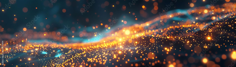 Poster abstract futuristic technology background with glowing particles, featuring a laptop, a smartphone, 