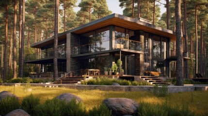 modern house located on the shore of a lake, surrounded by a lush pine forest.