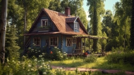Fototapeta premium a cozy house with a red roof and brown walls, located in the middle of a lush pine forest. The house is surrounded by green plants