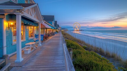 Beautiful sunset overlooking a serene beachfront boardwalk with coastal houses, lush greenery, and calming ocean waves.