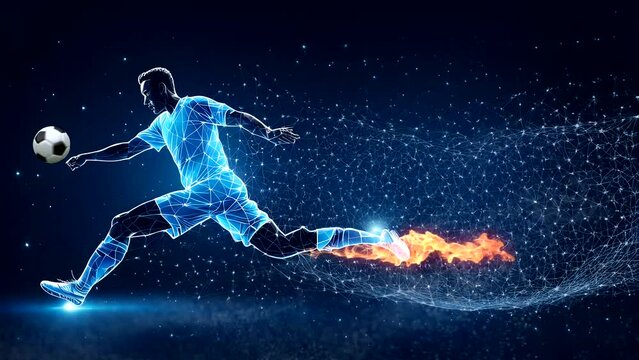 Athlete playing soccer. Digital frame polygon illustration