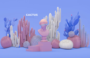 Head of statue, David sculpture bust with Abstract pedestal podium display with groups of different species of pink cactus on blue purple background. Contemporary art. 3d render