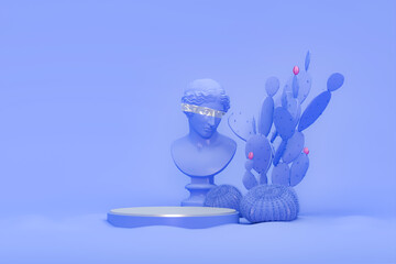 Head of statue, David sculpture bust with Abstract pedestal podium display with groups of different species of pink cactus on blue purple background. Contemporary art. 3d render