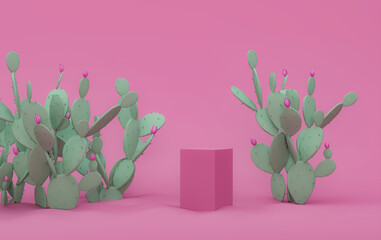 Abstract pedestal podium display withDecorative composition of groups of different species of green cacti on pink background. Cinco de Mayo Contemporary art.	
