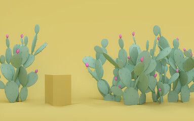 Abstract pedestal podium display withDecorative composition of groups of different species of green cacti on pink background. Cinco de Mayo Contemporary art.	