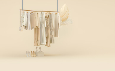 Clothes on a hanger, storage shelf in pastel beige background. Collection of clothes hanging on rack, leaves concept. 3d rendering, concept for shopping store and bedroom, studio, life style
