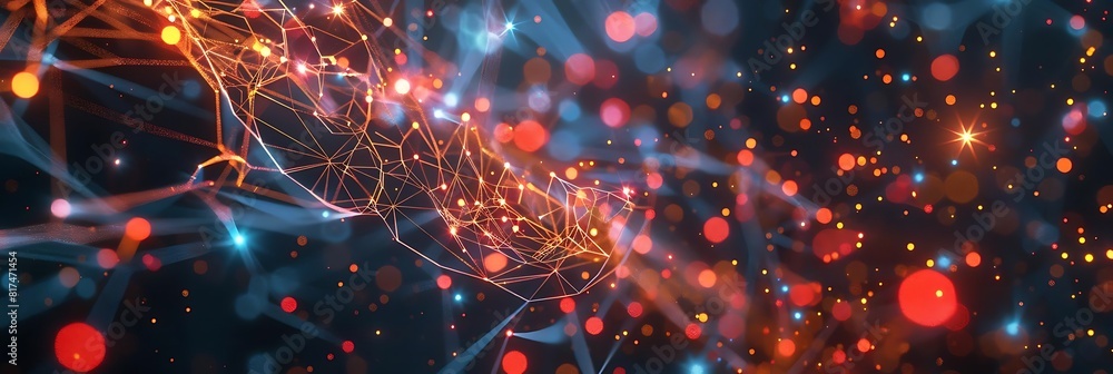 Poster abstract network connections with glowing lines and dots in the dark