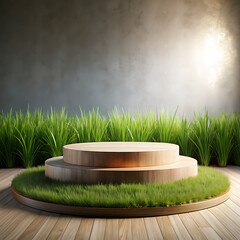 Natural Elegance Wood Podium with Grass Display Mockup