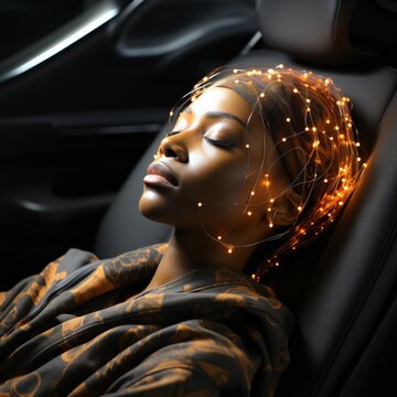 Woman sleeping and dreaming in a car with golden sprinkles around her head