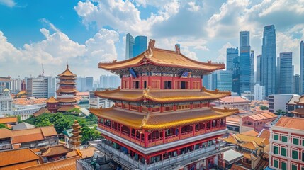 Fototapeta premium This temple has a terraced roof with an intricate and beautiful design. In the surrounding area, there are modern skyscrapers of various heights and different designs