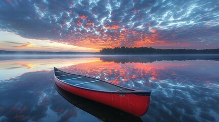 A red canoe sits in a lake at sunset - Powered by Adobe
