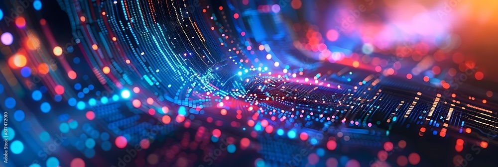 Poster abstract technology background with digital waveforms and data visualization, featuring a laptop, a 