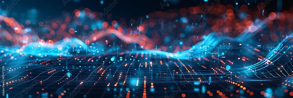 Poster abstract technology background with digital waveforms and data visualization, featuring a laptop, a 