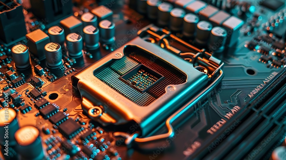 Poster close - up of computer cpu with microchips and circuits on the motherboard