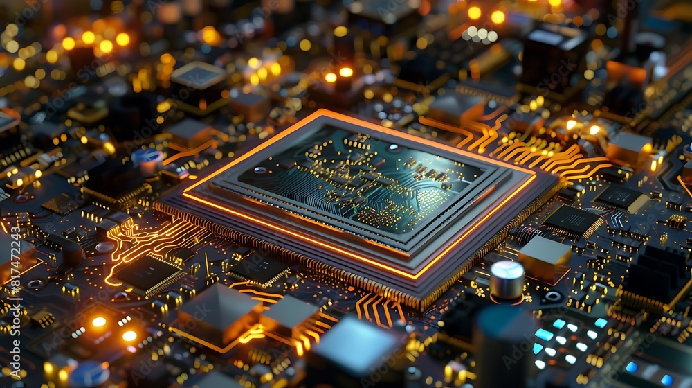 Poster close - up of computer cpu with microchips and circuits, featuring a clock on the left