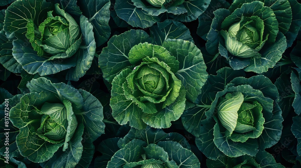 Poster aerial view of a cabbage farm with neatly arranged rows forming a captivating pattern across the lan