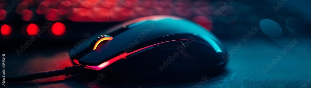 Poster close - up of computer mouse with glowing led lights, featuring a black and red mouse and a red ligh