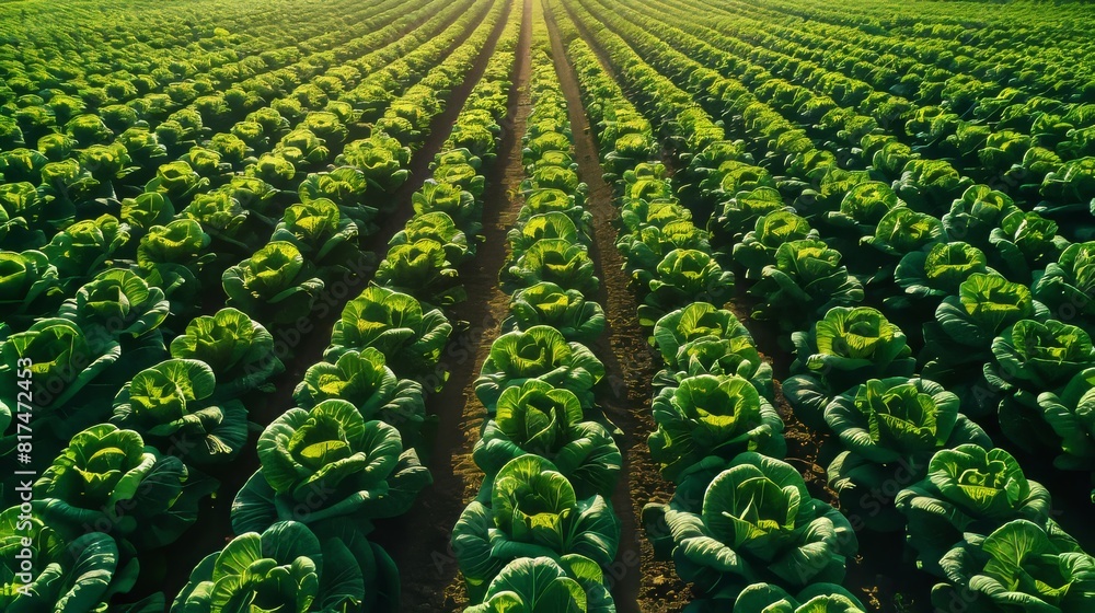 Poster aerial view of a cabbage farm with neatly arranged rows forming a captivating pattern across the lan