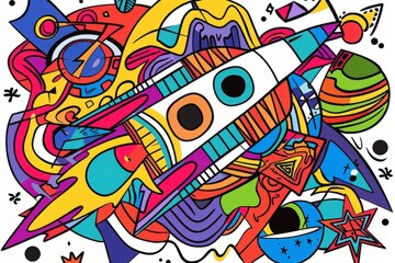 Cartoon cute doodles of a cubist-style rocket ship blasting off into space, with its components depicted in abstract forms, Generative AI