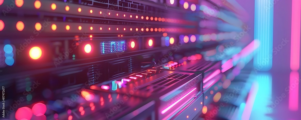 Poster close - up of data backup server with glowing lights, featuring a red light on the left