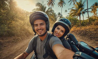 Motorcyclist Couple Takes a Selfie During Their Tropical Ride