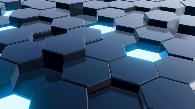 3d animation of an abstract hexagonal background. Polished Polygonal dark surface, Hex geometry pattern. 