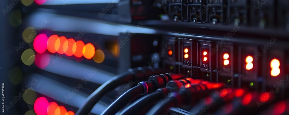 Poster close - up of data server with blinking lights and cables