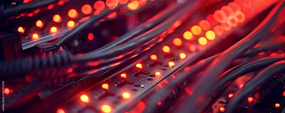 Poster close - up of data server with blinking lights and cables