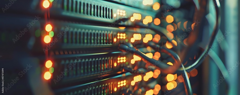 Poster close - up of data server with blinking lights and cables