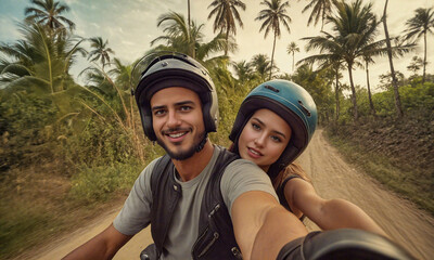 Two Motorcyclists Snap a Selfie on a Tropical Road Adventure