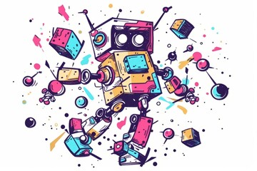 Fototapeta premium Cartoon cute doodles of a playful robot with its body assembled from disjointed cubes and rectangles, Generative AI