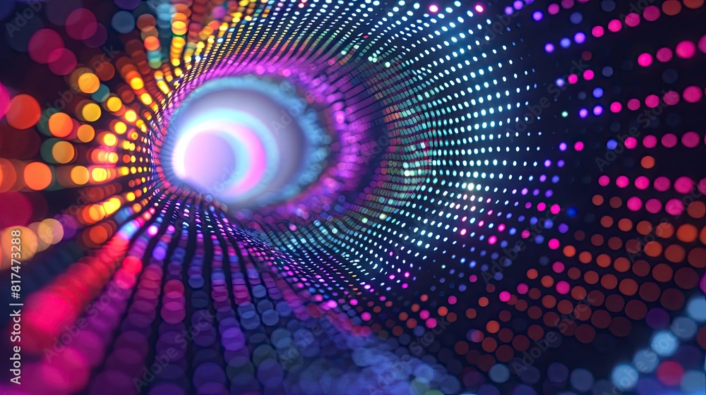 Poster the digital background showcases colorful dots organized in the shape of an open tunnel or wormhole 