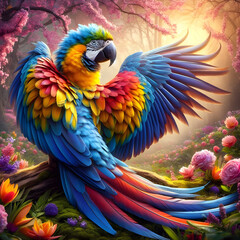 Obraz premium A majestic parrot displaying its colorful feathers in a lush and springtime botanical garden