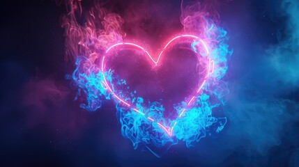 The backdrop is enveloped in darkness, while a digital heart constructed from vibrant blue and pink neon lights illuminates the scene
